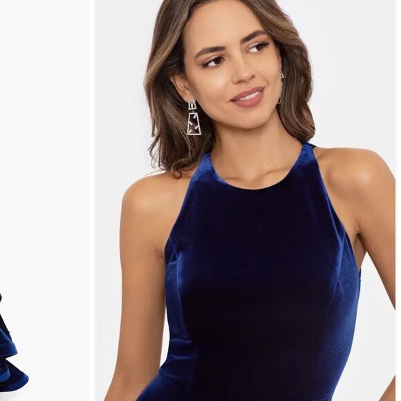 NWT Betsy & Adam Tiered Ruffle High-Low Velvet Gown - Picture 5 of 10